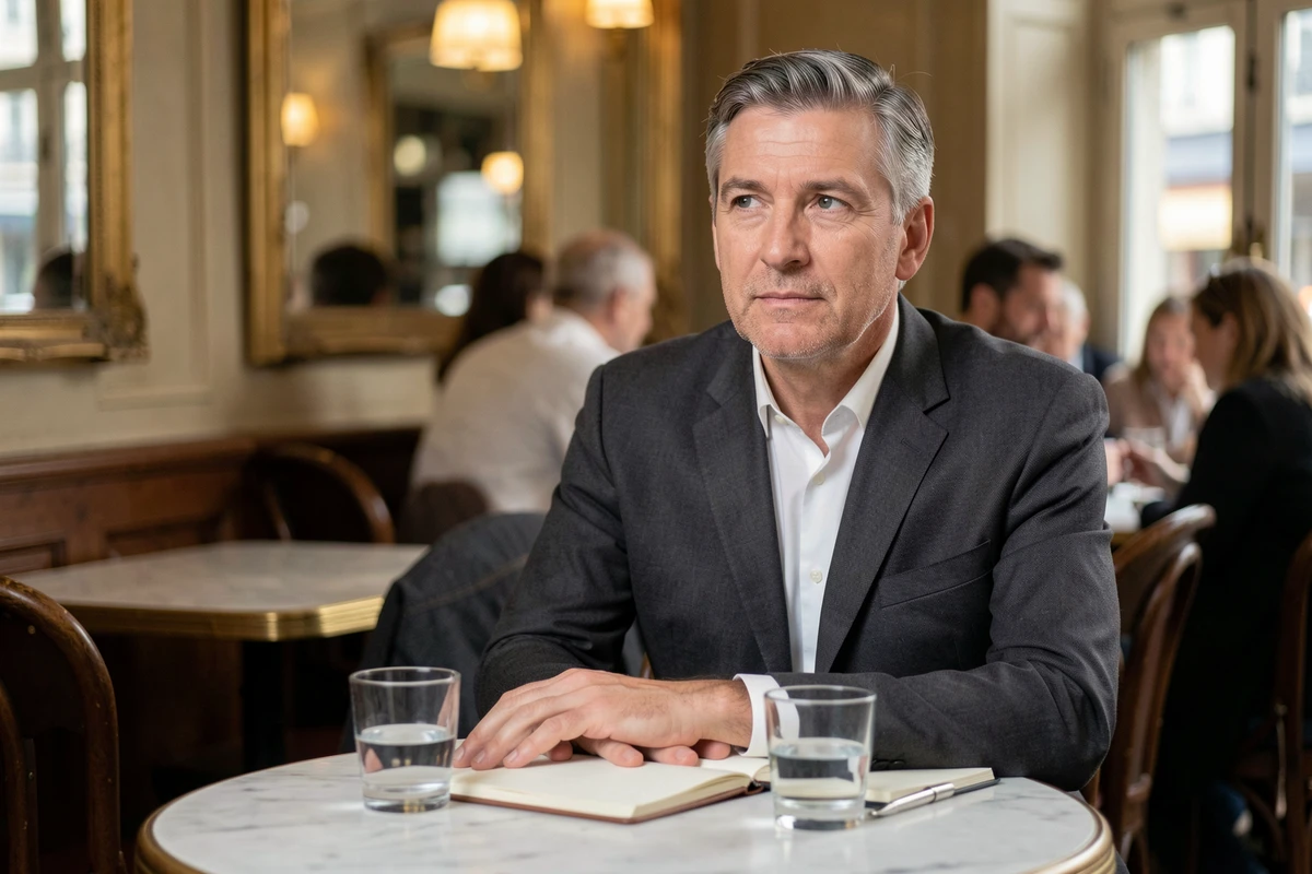 Homme élégant et discret attablé dans une brasserie parisienne, symbolisant le profil bas d'un époux effacé dans l'ombre du succès