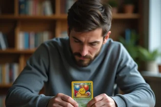 Un homme adulte examine une rare carte Pokémon holographique avec une loupe sur un bureau en bois, entouré de cartes protégées sous sleeve