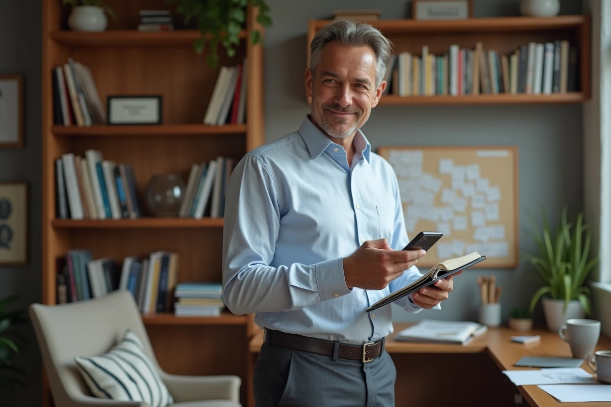 Homme en home office avec livres et notes