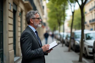 Homme d affaires examinant une annonce immobiliere dans la rue