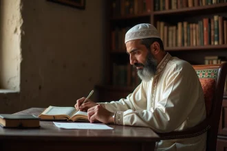 Homme méditatif lisant le Quran dans un intérieur traditionnel