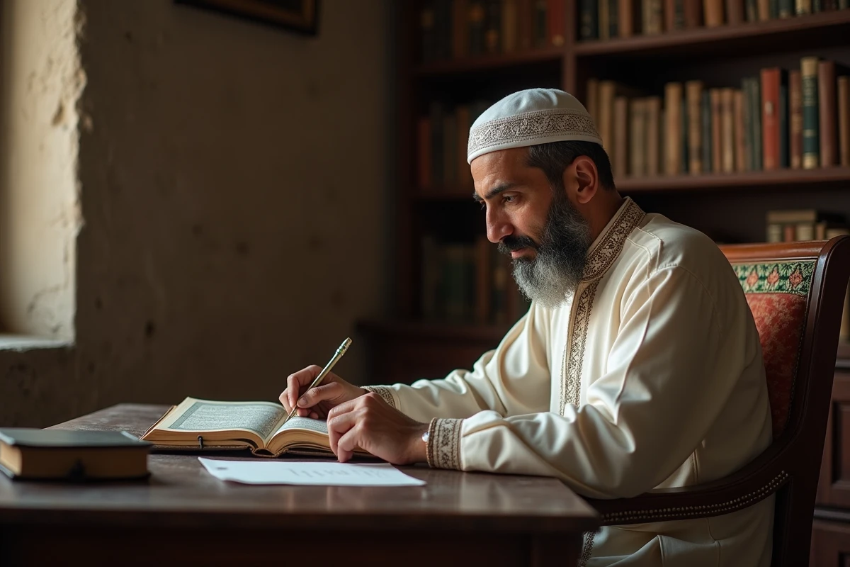 Homme méditatif lisant le Quran dans un intérieur traditionnel