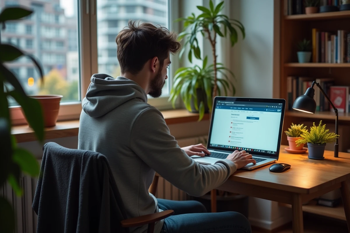 Homme en hoodie utilisant un VPN sur son ordinateur à la maison
