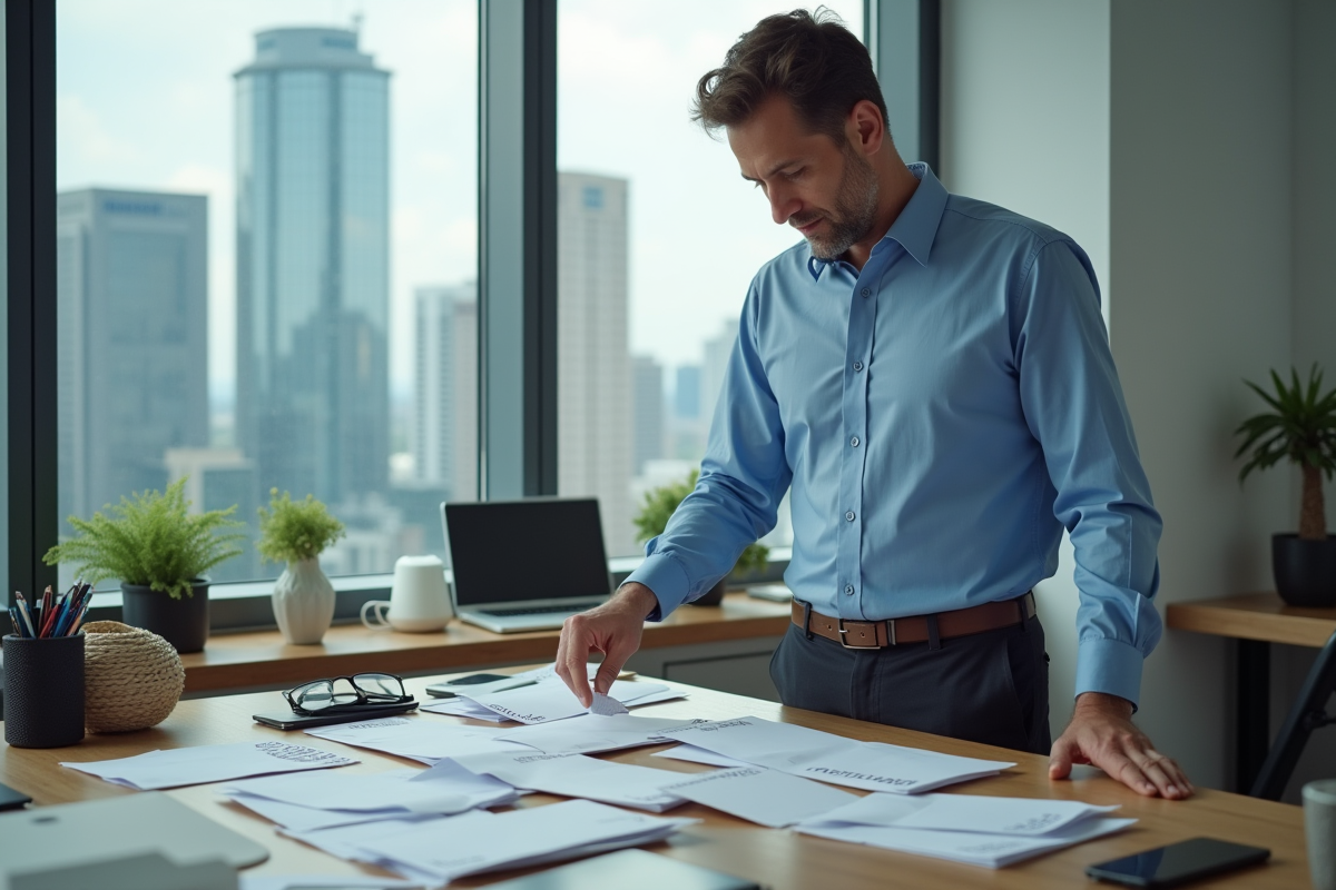 Homme organisant des enveloppes de prêt dans un bureau moderne