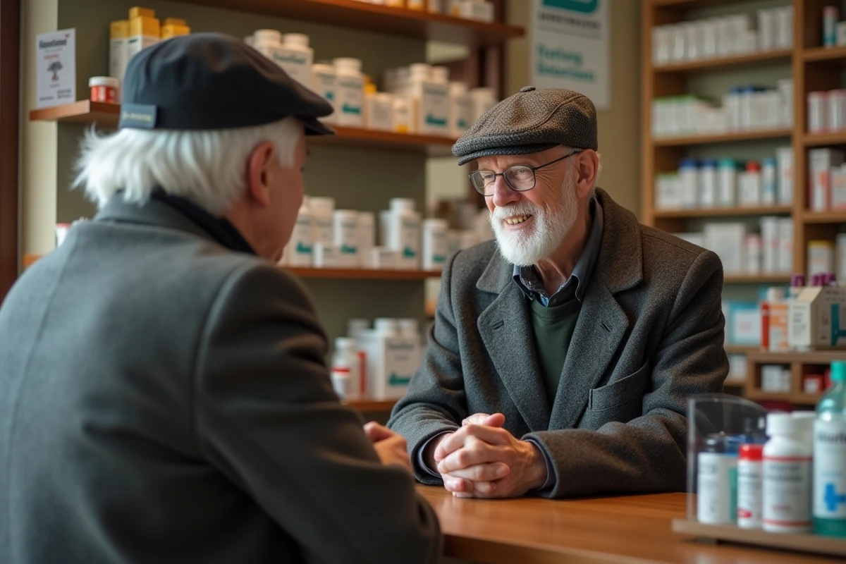 Homme âgé parle avec le pharmacien dans une pharmacie