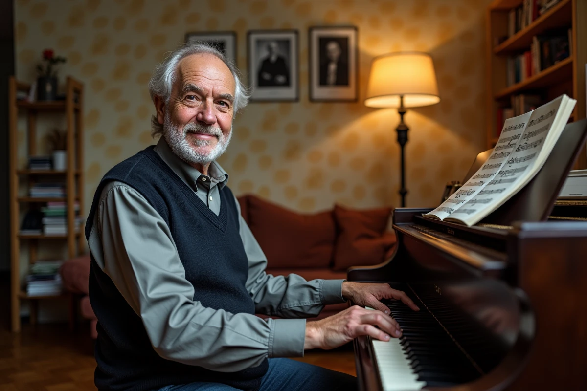 Homme jouant un slow des années 80 au piano dans un salon français chaleureux aux décors nostalgiques