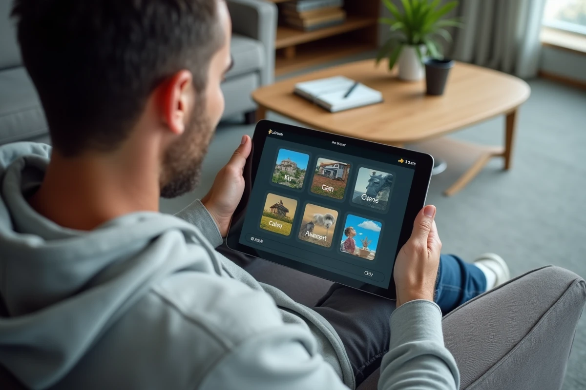Homme adulte résolvant un puzzle 4 Images 1 Mot 8 lettres sur tablette dans un salon moderne