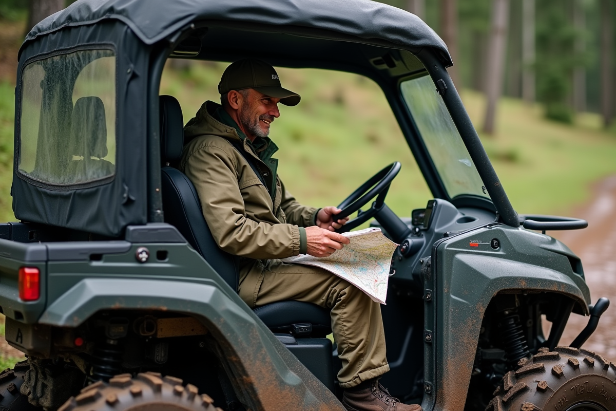 Homme en équipement outdoor dans un quad en forêt