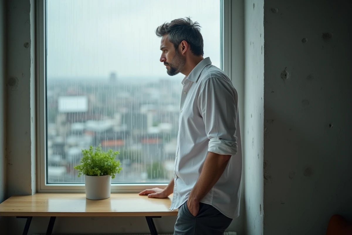Homme debout devant une fenêtre pluvieuse regardant la ville, symbole de résilience et de confiance retrouvée après une trahison