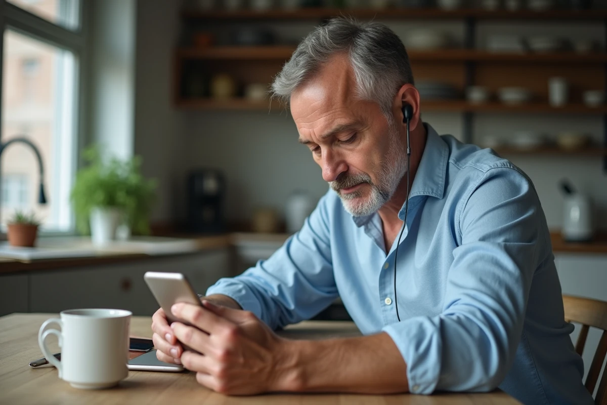 Homme d'âge moyen utilisant son smartphone pour voicemail