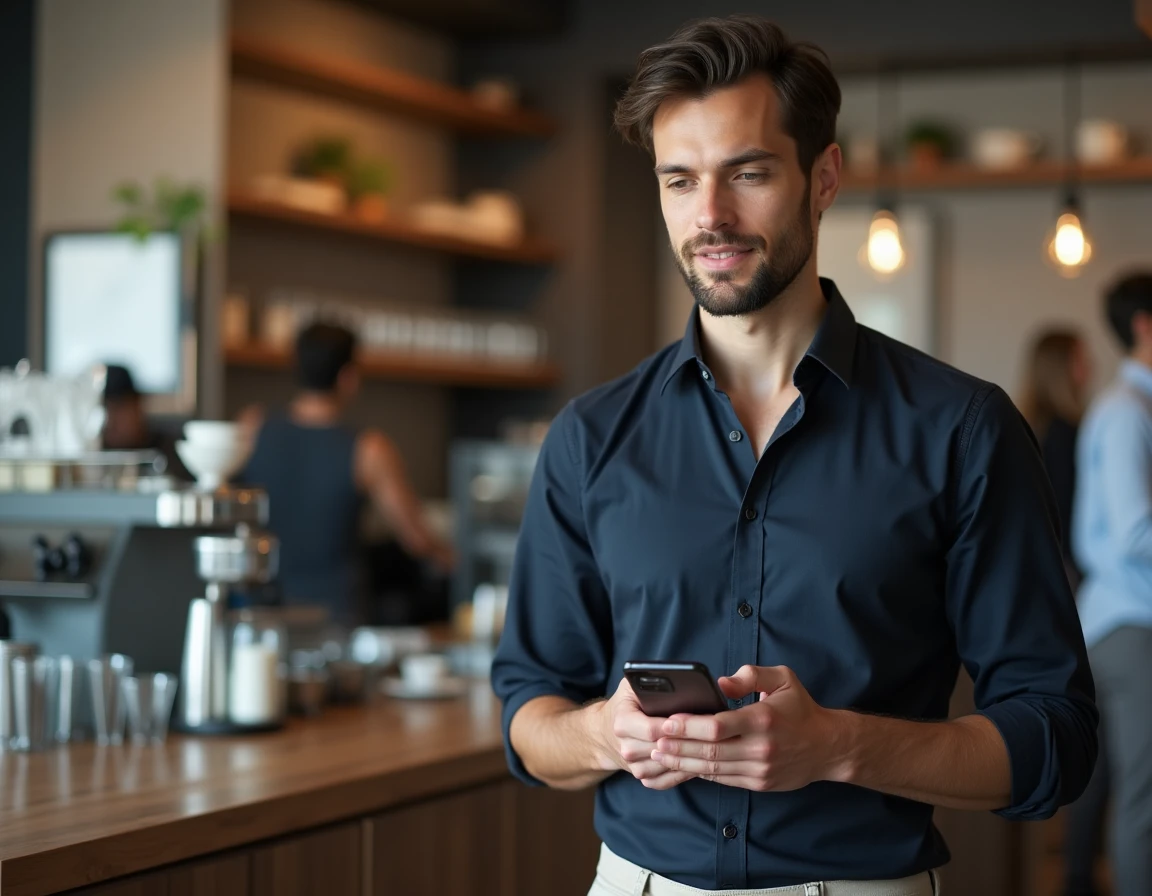 Homme consultant les statistiques de ses réseaux sociaux sur smartphone dans un café urbain, symbolisant la gestion d'une stratégie d'abonnement en ligne