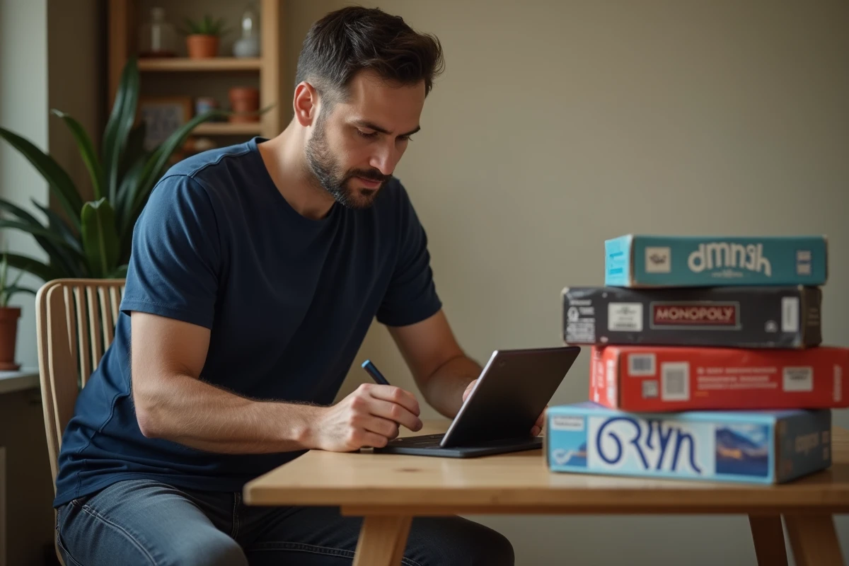Homme utilisant une tablette pour trouver des liens de dés gratuits sur Monopoly GO