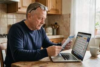 Homme vérifiant son ticket Keno midi sur un ordinateur portable à la table de cuisine