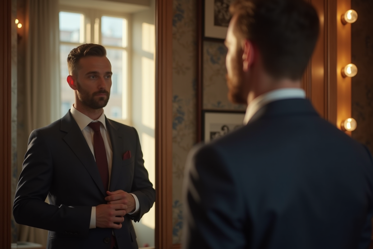 Homme bien habille ajustant sa veste dans une boutique