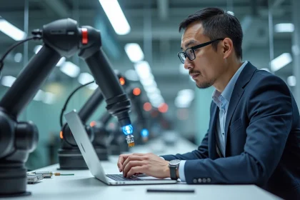 Ingénieur homme d'affaires avec robots en laboratoire