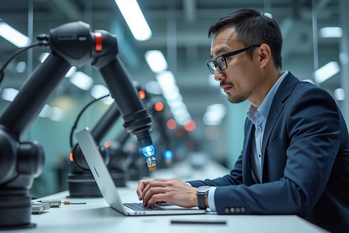 Ingénieur homme d'affaires avec robots en laboratoire