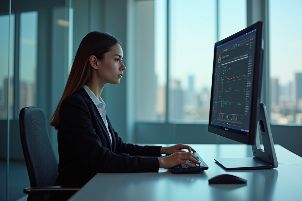 Jeune ingénieure au bureau avec moniteur de performance