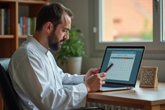 Homme consultant les horaires de prière de Nîmes sur smartphone synchronisé avec un agenda numérique