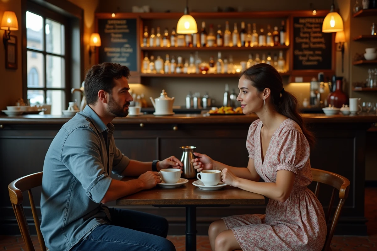 Intérieur d'une brasserie traditionnelle française servant de décor à la série Demain nous appartient, avec deux personnages en pleine conversation autour d'un café