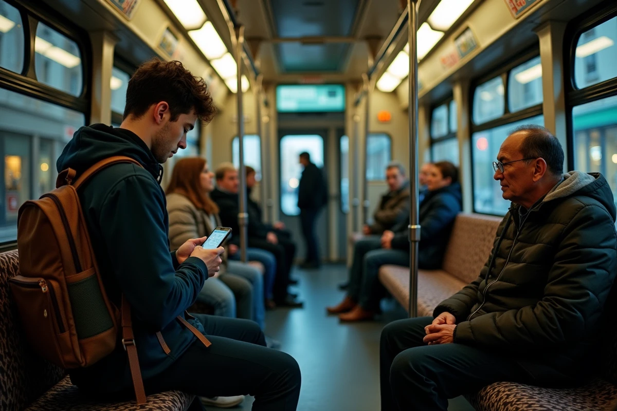 Intérieur d'un tramway de Bordeaux en fin de soirée avec passagers assis et debout