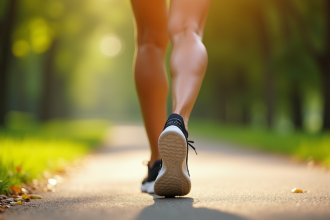 Jambes d'une personne en course dans un parc en matinée ensoleillée