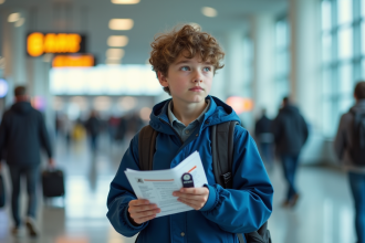 Jeune garçon avec documents de voyage à l'aéroport