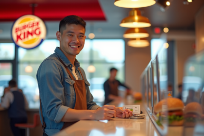 Jeune adulte souriant remettant des vouchers dans un Burger King lumineux