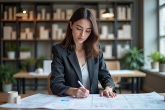 Jeune architecte femme examinant des plans urbains dans un bureau moderne