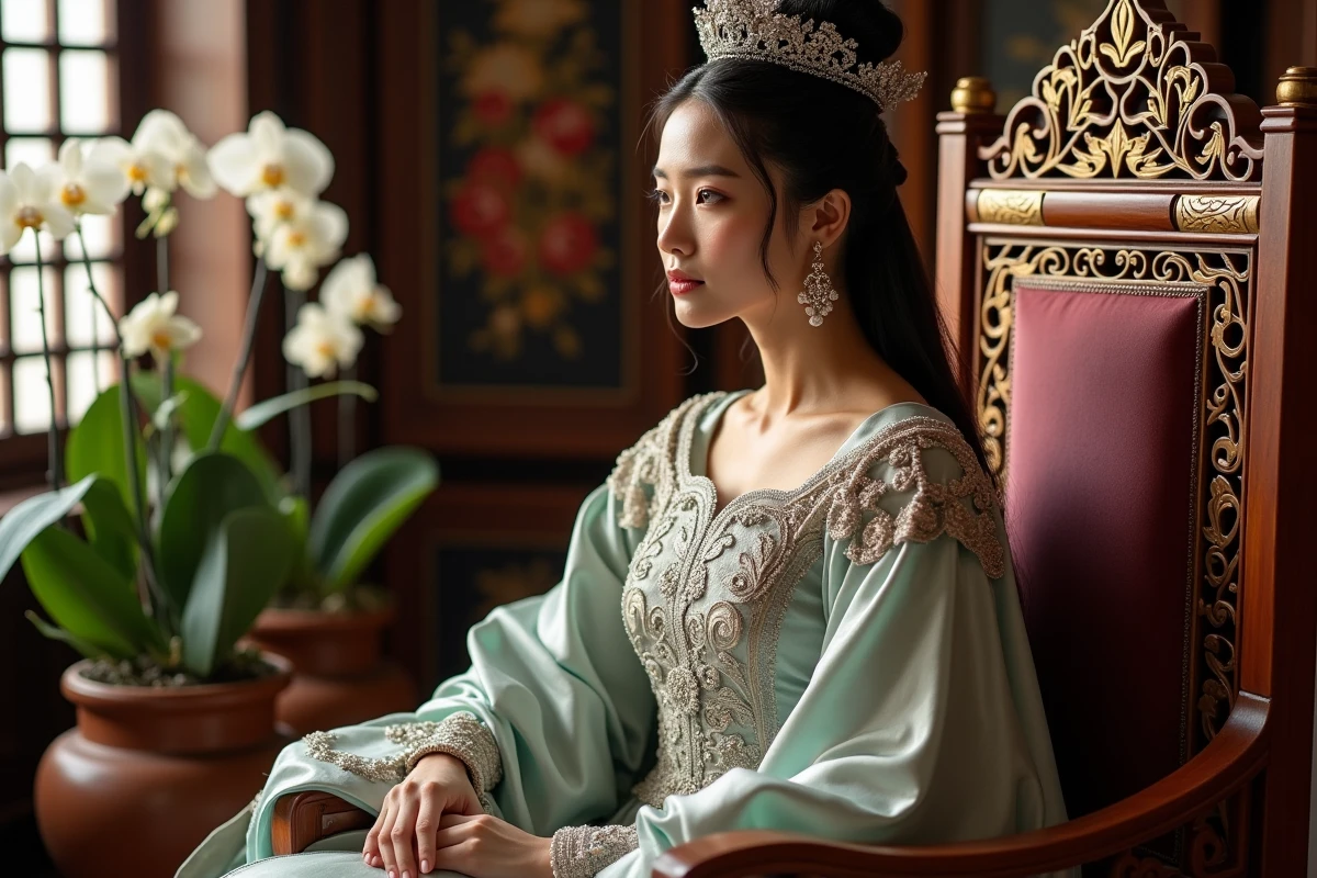 Impératrice assise sur un trône en jade dans une salle somptueuse