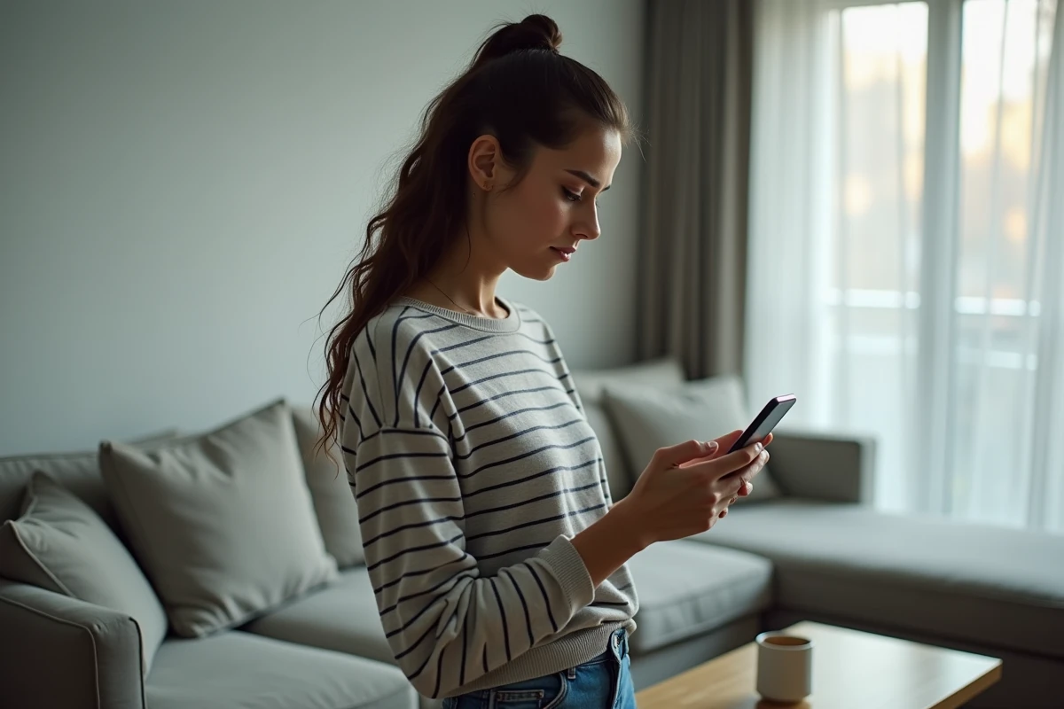 Jeune femme consultant son téléphone avec des appels manqués répétés d'un numéro fixe dans un appartement moderne