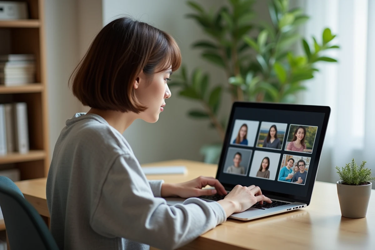 Jeune femme étudie sur son ordinateur dans un bureau lumineux