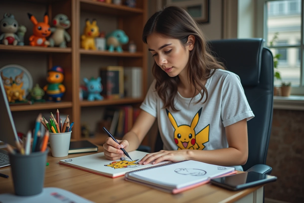 Jeune femme dessinant un Pokémon dans son carnet à la maison