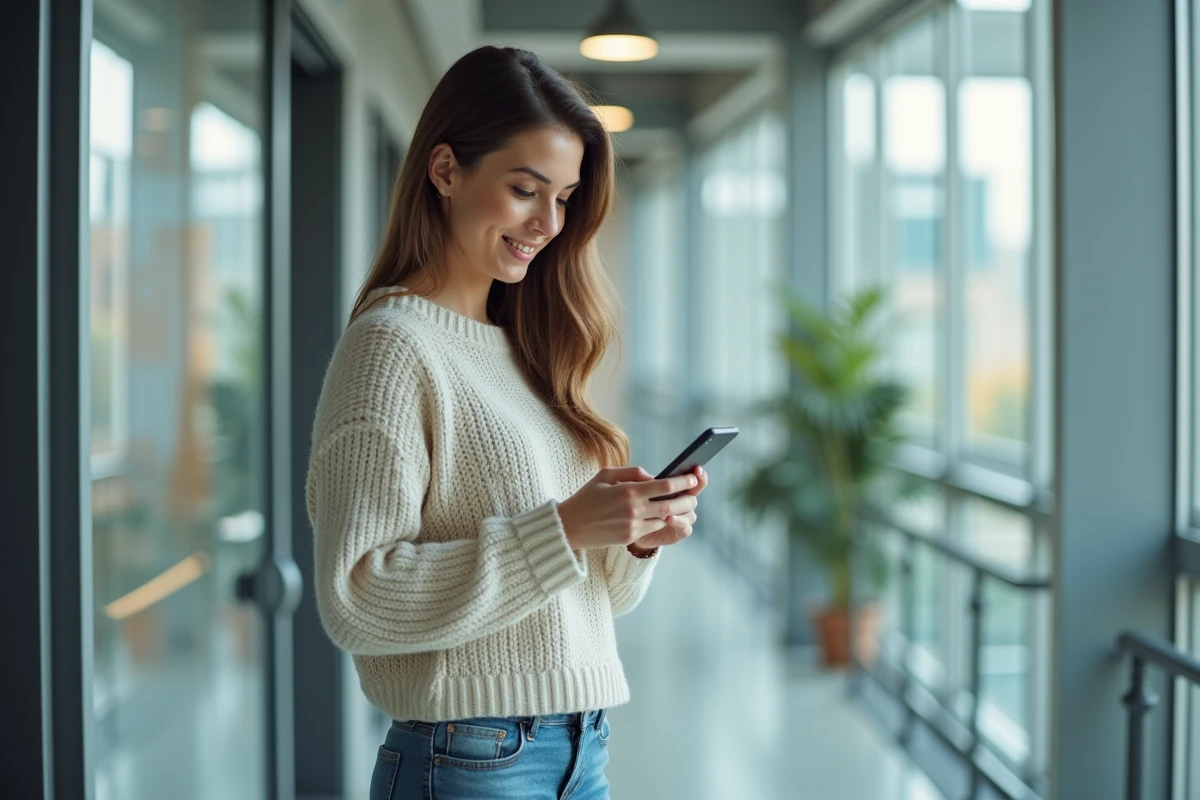 Jeune femme dans un bureau composant un numéro de voicemail