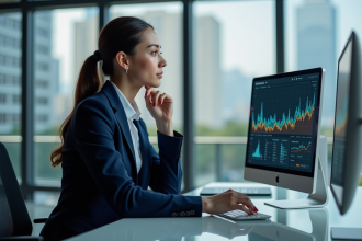 Jeune femme entrepreneure en costume navy dans un bureau hightech