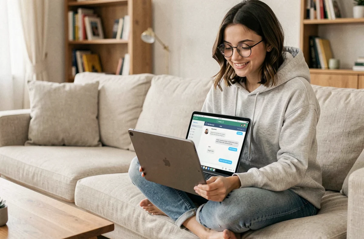 Jeune femme utilisant une interface IA en français sur une tablette dans son salon