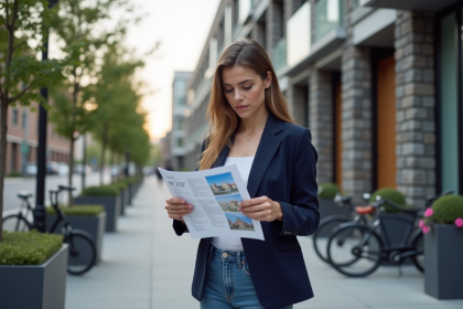 Jeune femme en blazer examine un rapport immobilier en ville