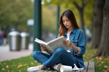 Jeune femme assise sur un banc de parc en ville en train de lire un journal