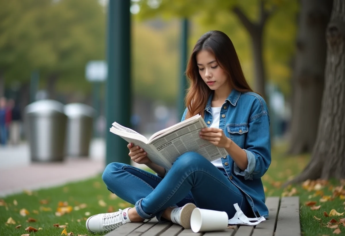 Jeune femme assise sur un banc de parc en ville en train de lire un journal
