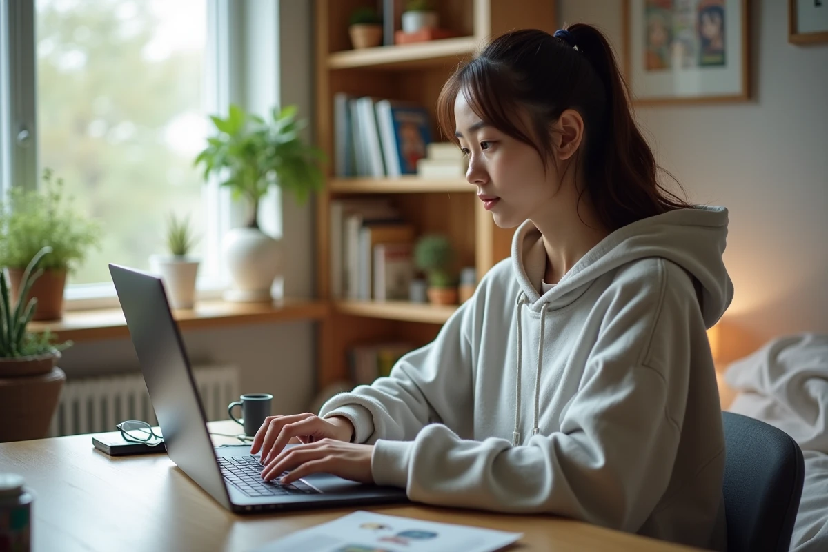 Jeune femme lisant manga sur ordinateur dans sa chambre