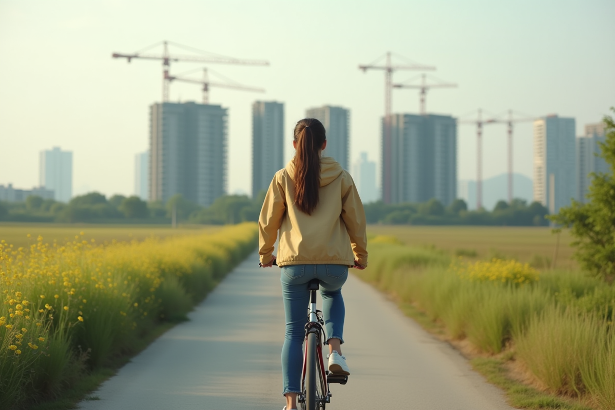 Jeune femme à vélo sur route rurale en expansion urbaine
