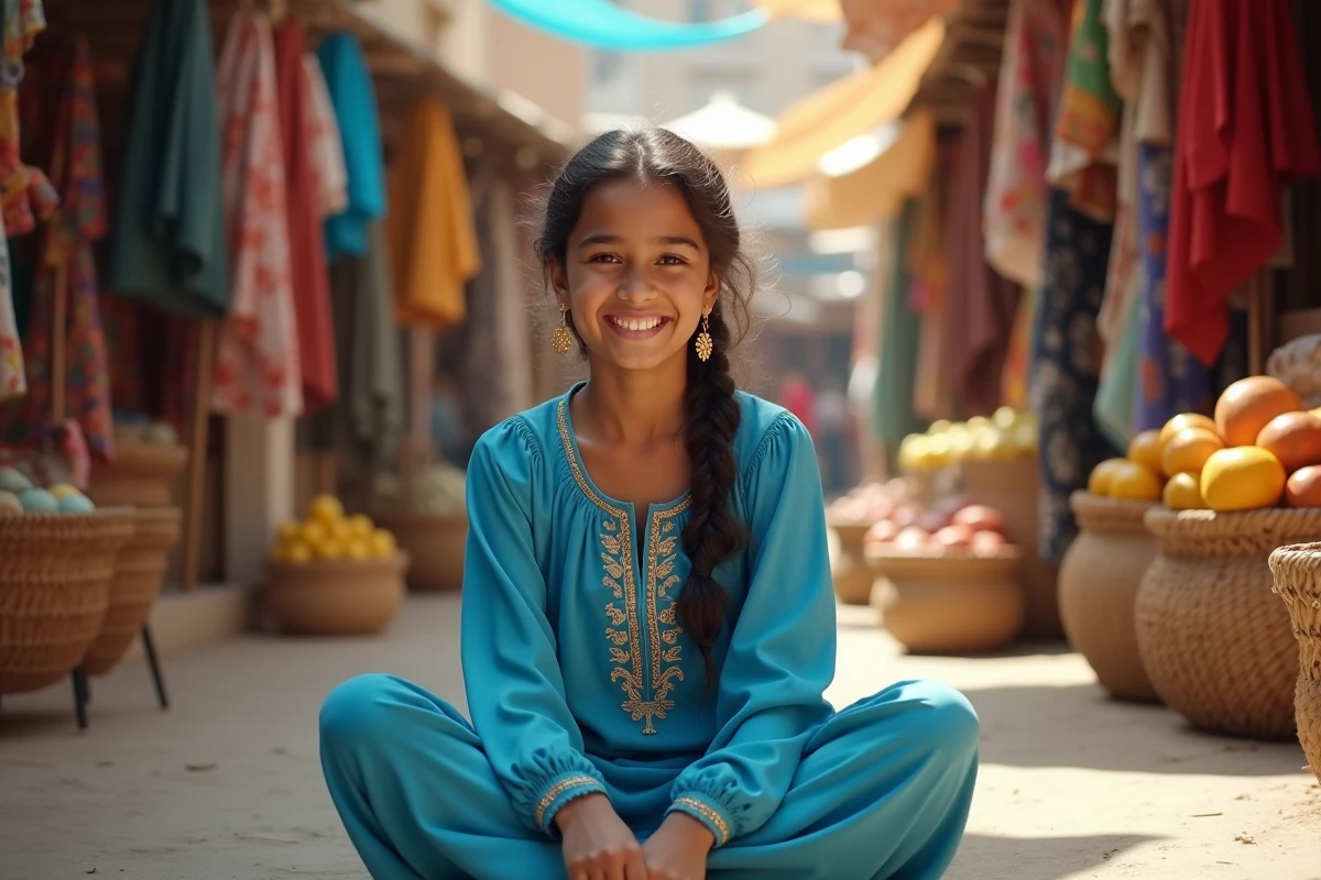 Fille adolescente dans un marché coloré et animé