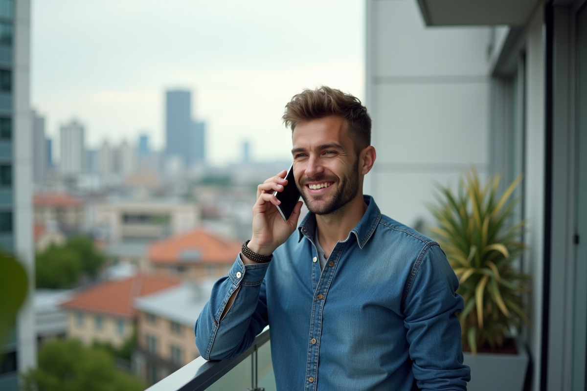Jeune homme au balcon en appel avec son téléphone