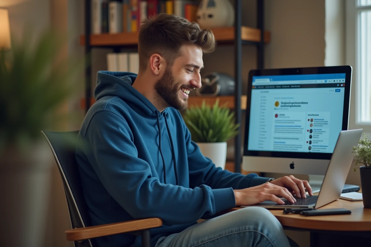 Jeune homme concentré sur son ordinateur dans un bureau cosy