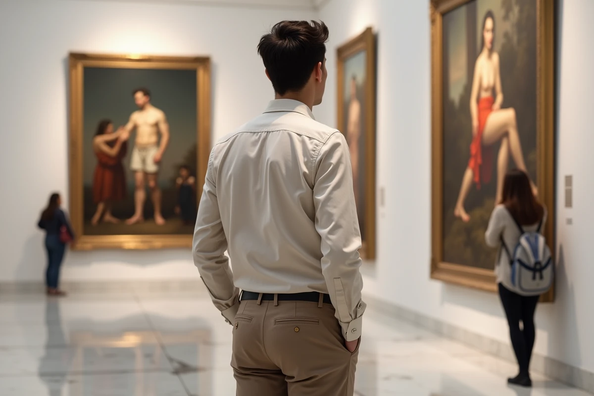 Jeune homme observant une peinture dans une galerie d