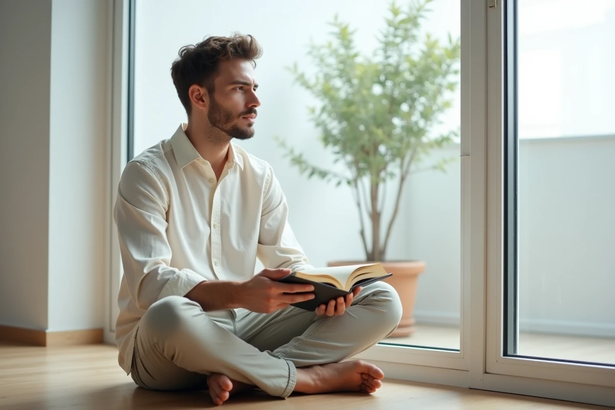 Jeune homme lisant un livre en silence dans un appartement minimaliste, évoquant la réflexion intérieure et l'art d'écouter