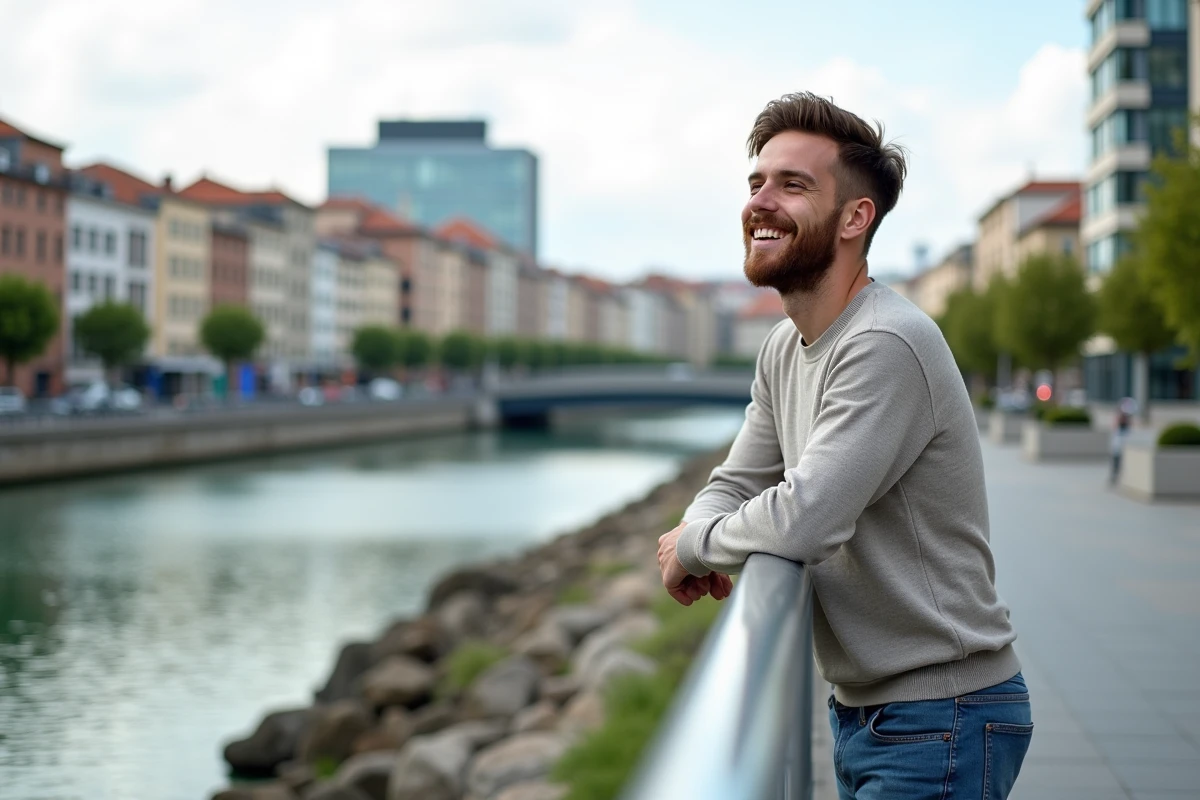 Jeune homme en jeans sur la promenade à Lyon