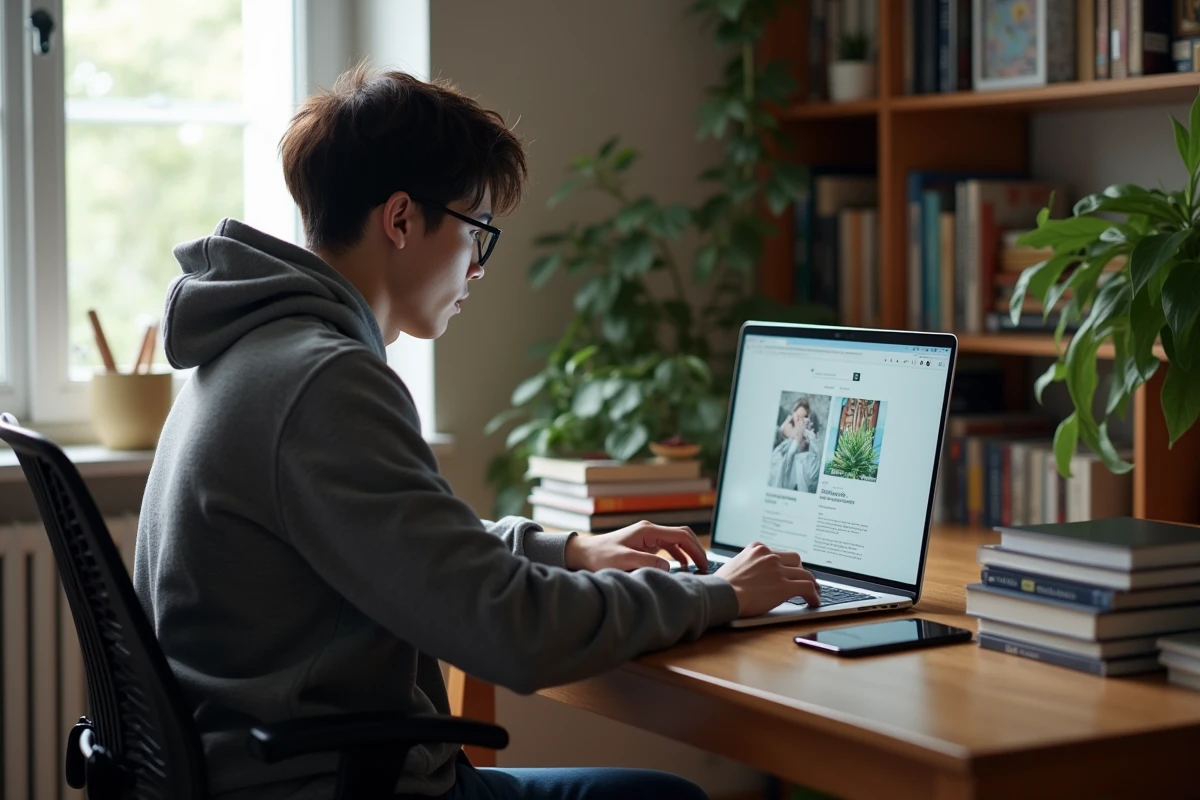 Jeune homme concentré sur son ordinateur avec manga et VPN