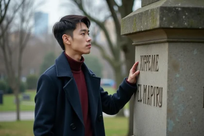 Jeune homme pensif près d'un monument historique dans un parc