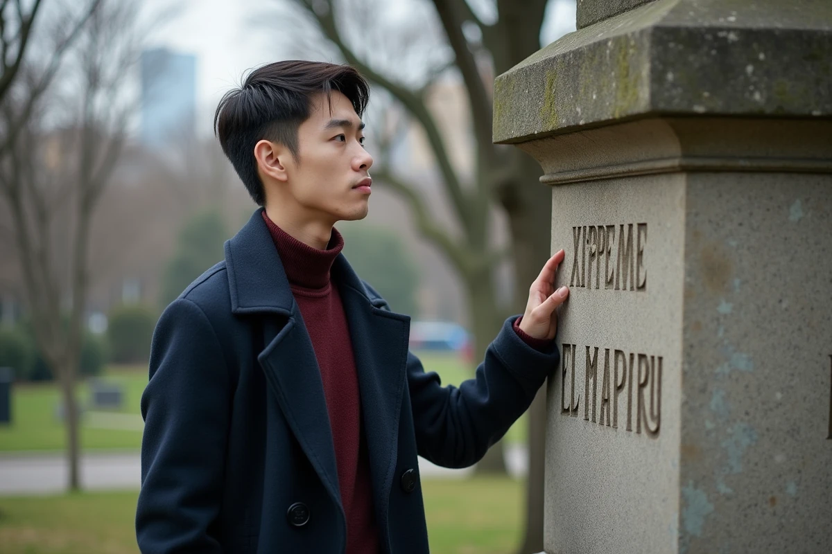 Jeune homme pensif près d'un monument historique dans un parc