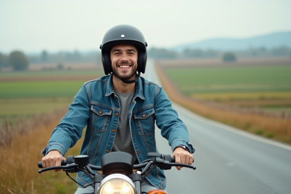 Jeune homme souriant avec casque sur une moto 50cc en campagne
